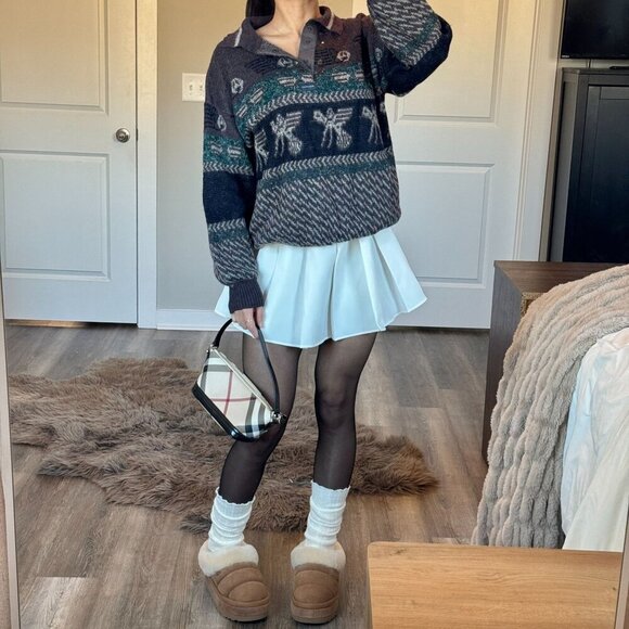 Vintage 90s Wool Mohair Blend Aztec Henley Sweater AOP Purple Italy Retro - Picture 3 of 9